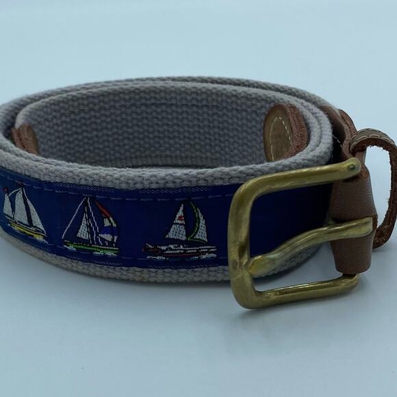 Vintage Belt Men’s Brass Buckle Leather Ends Nautical Boat Print 42” long - Picture 1 of 8